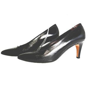 VERSANI Women Black Leather Slip-On Heels Almond Toe Italy 9.5 B Leather Sole